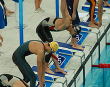 Phelps starting the 4x100m relay at the Beijing, August 11, 2008