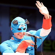 Cera dressed as Captain America, in promotion of Scott Pilgrim, and parody of Captain America: The First Avenger, at the 2010 San Diego Comic Con