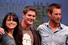 Michelle Rodriguez (left) and Aaron Eckhart (right), along with director Jonathan Liebesman at the 2010 San Diego Comic-Con International