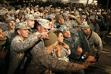 Mickie James with the troops at Camp Ramadi in Iraq.