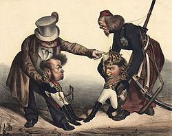 A period cartoon, showing the conflict between the Two Brothers, as children, with representations of the major States of Europe as grown parents intervening in the quarrel