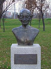 Monument to M.K. Gandhi in New Belgrade, Serbia. On the monument is written "Non-violence is the essence of all religions".