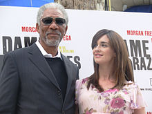 Freeman at the 10 Items or Less premiere in Madrid with co-star Paz Vega