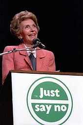 Reagan gives a speech at a Just Say No rally in Los Angeles, 1987