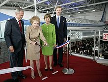 Nancy Reagan dedicates the Air Force One Pavilion at the Reagan Library with President and Laura Bush, October 2005