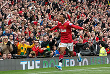 Nani celebrates scoring against West Bromwich Albion in a 2–2 draw on 16 October 2010