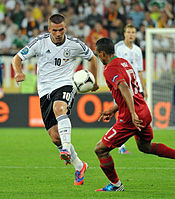 Nani battling for the ball with Lukas Podolski in their Euro 2012 group stage match.