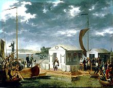 The Treaties of Tilsit: Napoleon meeting with Alexander I of Russia on a raft in the middle of the Neman River