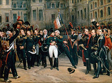 Adieux de Napoléon à la Garde impériale dans la cour du Cheval-Blanc du château de Fontainebleau [Napoleon's farewell to the Imperial Guard in the White Horse courtyard of the Palace of Fontainebleau] – on 20 April 1814; by Antoine Alphonse Montfort, Palace of Versailles national museum