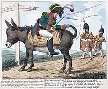 British etching from 1814 in celebration of Napoleon's first exile to Elba at the close of the War of the Sixth Coalition