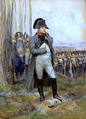 Napoleon is often represented in his green colonel uniform of the Chasseur à Cheval, with a large bicorne and a hand-in-waistcoat gesture.