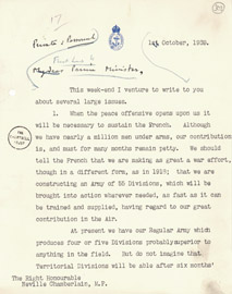 First page of a letter from Churchill to Chamberlain, 1 October 1939