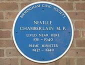 Blue plaque honouring Neville Chamberlain, Edgbaston, Birmingham