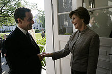 Sarkozy greets US first lady Laura Bush in Germany, June 2007