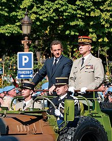 Nicolas Sarkozy and General Jean-Louis Georgelin, Chief of the Defence Staff, reviewing troops during the Bastille Day 2008 military parade on the Champs-Élysées, Paris