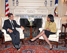 Sarkozy as Minister of the Interior with then U.S. Secretary of State Condoleezza Rice, after their bilateral meeting in Washington, D.C., 12 September 2006