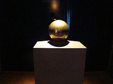 Gilded urn with Tesla's ashes, in his favorite geometrical object, a sphere, Nikola Tesla Museum, Belgrade.