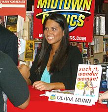 Munn at a signing for her book, Suck It, Wonder Woman, at Midtown Comics in Manhattan