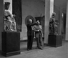 Stanisław Lorentz guides Pablo Picasso through the National Museum in Warsaw during exhibition Contemporary French Painters and Pablo Picasso's Ceramics, 1948[41]