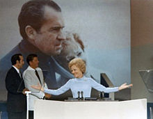 Pat addresses the 1972 Republican National Convention. She was the first First Lady since Eleanor Roosevelt to address a party convention, and the first Republican First Lady to do so.