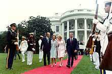 The Fords escort the Nixons to a waiting helicopter on Nixon's final day as president, August 9, 1974.