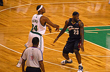 Paul Pierce of the Boston Celtics being defended by LeBron James.