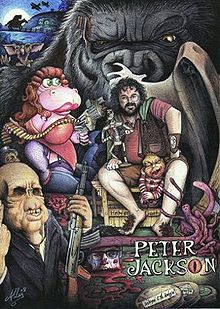 A drawing of Peter Jackson, surrounded by characters and objects from his films