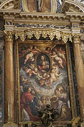 The Virgin and Child Adored by Angels, 1608, oil on slate and copper. This is the central panel depicting The Virgin and Child Adored by Angels above the High Altar, Santa Maria in Vallicella, Rome.