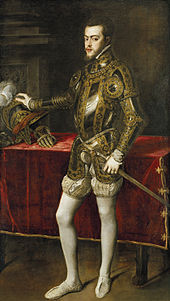 Titian's portrait of Philip as prince, aged about twenty-four dressed in a magnificent, lavishly decorated set of armour. The whiteness of his skin corresponds to his white stockings and the greenish golden sheen on his armour. In this way, the prince's pale complexion appears more distinguished.