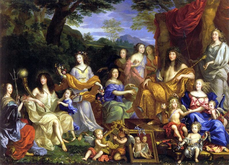 A mural commissioned c.1670 by the Philippe; (L-R) Queen Henrietta Maria of England; Philippe; his daughter Marie Louise; Minette; Queen Anne (d. 1666); Philippe's cousins, daughters of Gaston d'Orléans; Louis XIV; le Grand Dauphin; Queen Marie Therèse with her daughter Madame Royale; the Duke of Anjou; stood to the right is Mademoiselle. The picture frame with the two children are two deceased daughters of Louis and Marie Therèse.