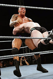 Orton performing a rope-hung DDT on Sheamus.