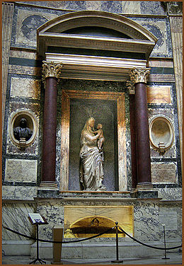 Raphael and Maria Bibbiena's tomb in the Pantheon. The Madonna is by Lorenzetto.