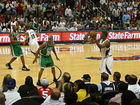 Allen guards Joe Johnson of the Atlanta Hawks in Game 4 of the 2008 NBA Playoffs.