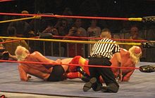 Flair performing his signature figure-four leglock on Hulk Hogan during the Hulkamania Tour.