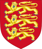 Arms of King Richard I adopted towards the end of his reign, a version of the lion emblems or cognizance used on the shield of his grandfather Geoffrey Plantagenet, Count of Anjou (d.1151), which became fixed during his reign as the Royal Arms of England: Gules, three lions passant guardant in pale or