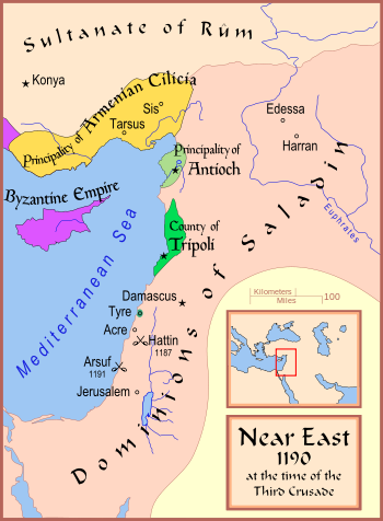 The Near East in 1190 (Cyprus is highlighted in purple)