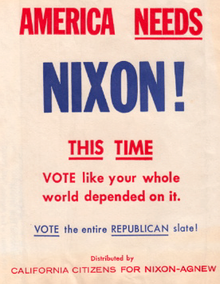 Text on automobile trash bag given away by the Nixon campaign in California, 1968