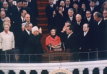Nixon is sworn in as the 37th President on January 20, 1969, with the new First Lady, Pat, holding the family Bibles.