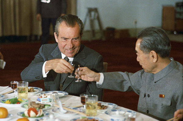Nixon and Chinese Premier Zhou Enlai toast during Nixon's 1972 visit to China