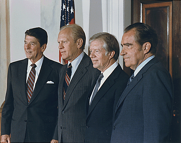 President Ronald Reagan meets with his three predecessors, Ford, Carter and Nixon at the White House, October 1981; the three former presidents represented the United States at the funeral of Egyptian President Anwar Sadat.