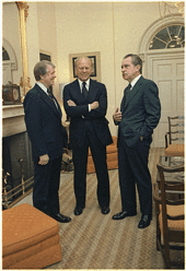 Nixon (right) joins Gerald Ford (center) and President Jimmy Carter (left) at the White House for the funeral of former Vice President Hubert Humphrey, 1978.