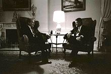 Nixon visits President Bill Clinton in the White House family quarters, March 1993.