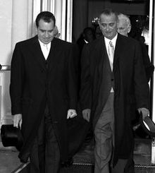 Vice President Nixon and Vice President-elect Lyndon Johnson leave the White House on the morning of January 20, 1961, for the Kennedy–Johnson inauguration ceremonies