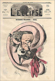 André Gill suggesting that Wagner's music was ear-splitting. Cover of L'Eclipse 18 April 1869