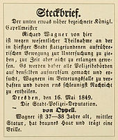 Warrant for the arrest of Richard Wagner, issued on 16 May 1849