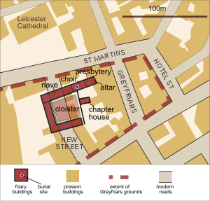 Site of Greyfriars Church, Leicester, shown superimposed over a modern map of the area. The skeleton of Richard III was recovered in September 2012 from the centre of the choir, shown by a small dot.