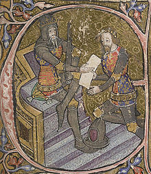 Fourteenth century manuscript historiated initial showing Edward, the Black Prince kneeling before his father, Edward III.