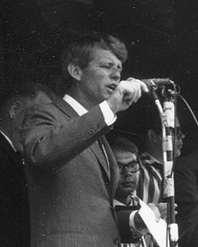 Tired, but still intense in the last days before his Oregon defeat, Robert Kennedy speaks from the platform of a campaign train.