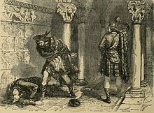 The killing of Comyn in the Greyfriars church in Dumfries, as seen by Felix Philippoteaux, a 19th-century illustrator.