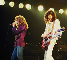 Plant (left) with Led Zeppelin guitarist Jimmy Page performing live